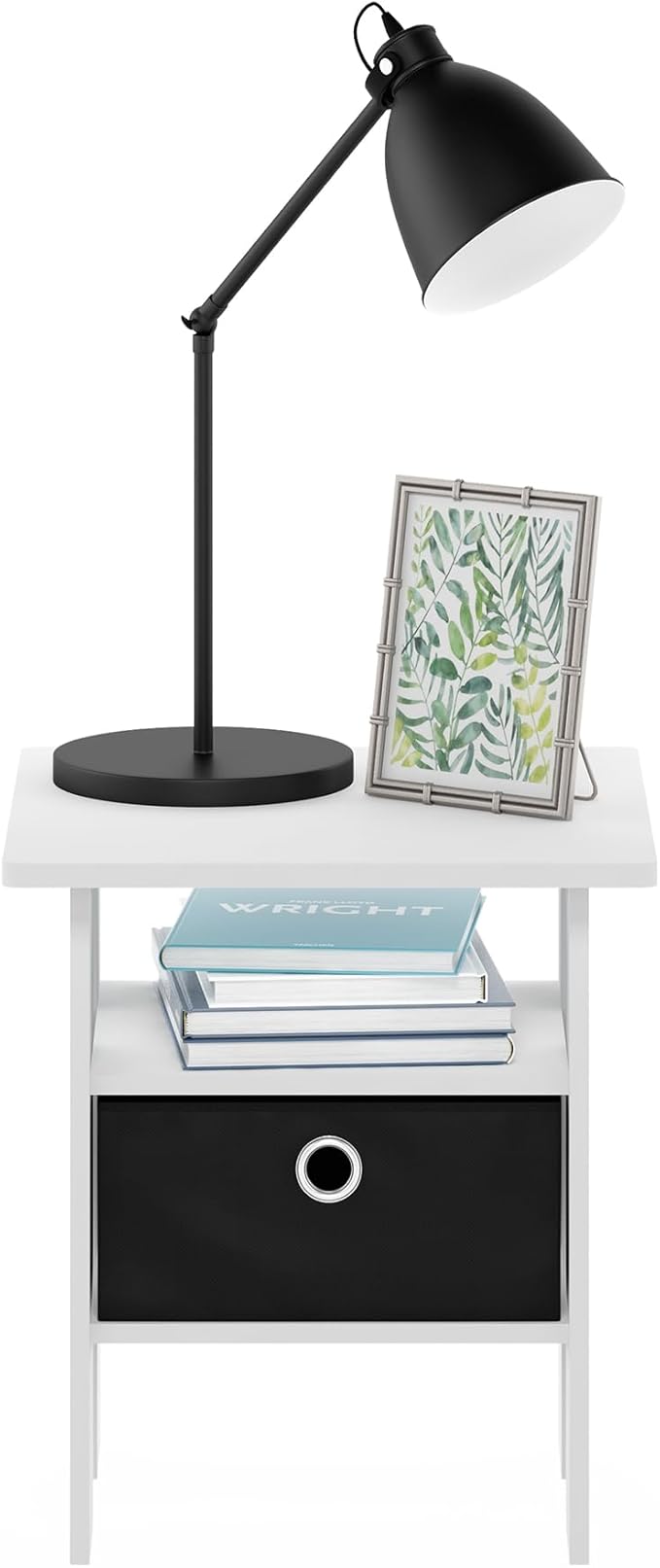Furinno Andrey Side Table, End Table, Night Stand with Open Shelves and Storage Bin, Bedside Table, for Living Room, Bedroom, White