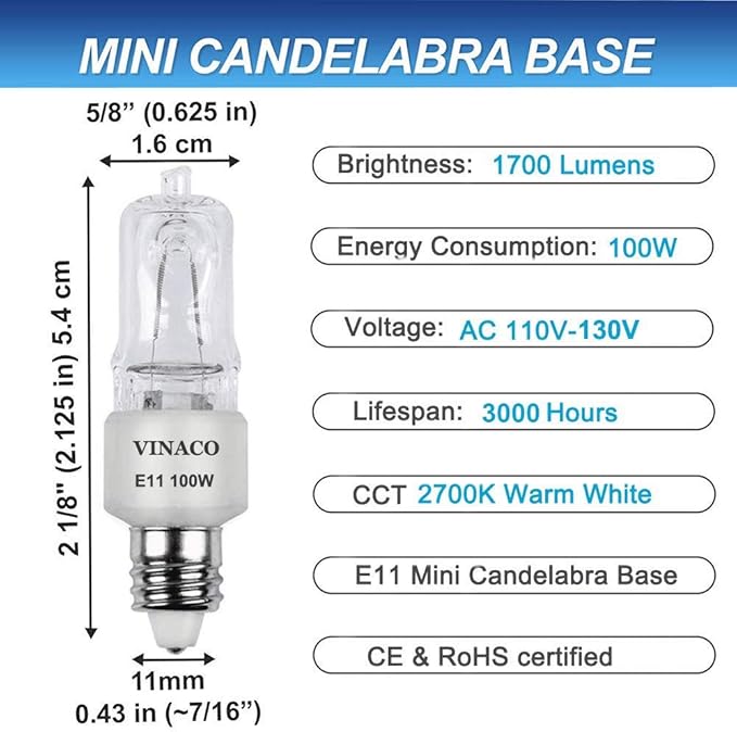 Vinaco E11 Bulb, 4PCS JDE11 120V 100W Halogen Light Bulbs, E11 Dimmable, 2700K Warm White, E11 Halogen Bulb 100 Watt with Mini Candelabra Base, High Output 1700LM & High CRI100 E 11 Light Bulb
