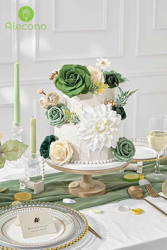 Alecono Artificial Flowers, Silk Fake Green Flowers Combo Box for DIY Cake Wedding Decorations, Faux Flowers for Table Centerpieces Baby Shower Party Home Decor