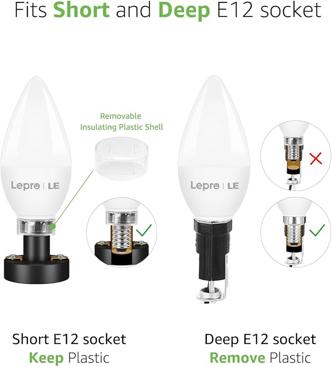 Lepro E12 LED Candelabra Light Bulbs, 5000 Kelvin Daylight White 5.5 watt, 40 watt Equivalent B11 C37 Ceiling Fan Bulb Chandelier Bulbs, Type B Small Base Candle Lights, Plastic, Not-dimmable, 6-Pack