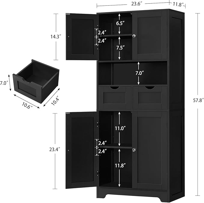 Iwell 57.8" H Tall Storage Cabinet with 2 Drawers & 2 Adjustable Shelves, Kitchen Cabinet with 4 Doors, Tall Cabinet for Living Room, Dining Room, Entryway, Black
