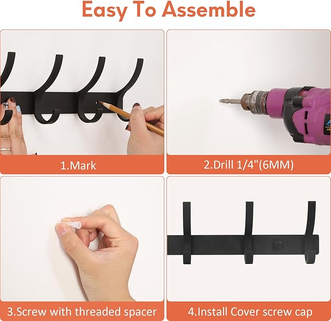 Coat Rack Wall Mount, Coat Hook Wall Mount, Wall Hooks for Hanging, Hat Rack for Walls, Coats Hanger with 10 Hook, Towel Hooks for Bathrooms (2 Pack, Black)