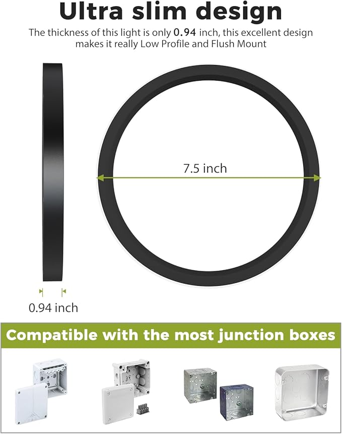 hepside 1Pack Dimmable Flush Mount Ceiling Light Fixture Black, 3CCT Selectable 3000/4000/6500K Ceiling Lamp, 7.5INCH 15W 1500LM Low Profile Light for Bedroom, Kitchen, Bathroom, Hallway