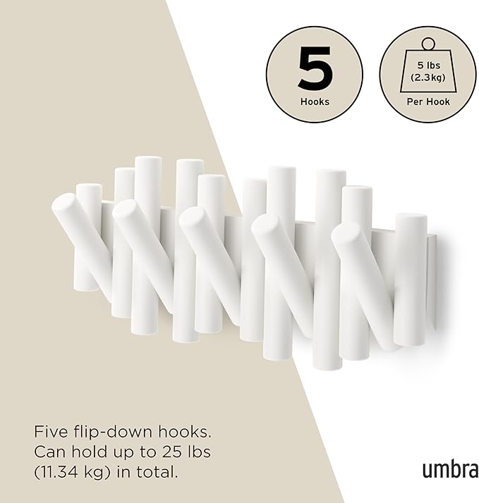 Umbra Picket Wall-Mounted Coat Rack Rail Hook with 5 Retractable Wood Pegs – Modern, Space-Saving Storage Organizer, White