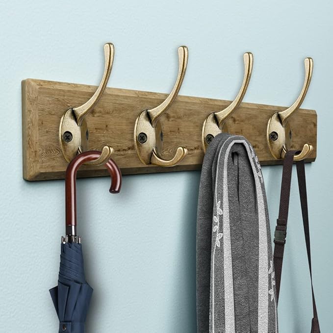 IBosins 12 Pack Antique Brass Coat Hooks Wall Mounted with 24 Screws Retro Double Hooks Utility Antique Brass Hooks for Coat, Scarf, Bag, Towel, Key, Cap, Cup, Hat