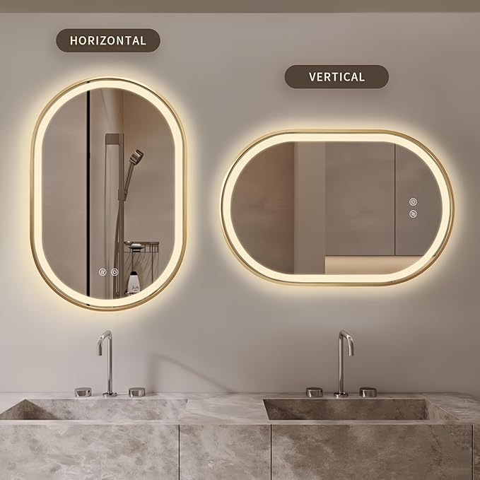 Niccy Oval LED Mirror for Bathroom, 36x24 Front Lit + Backlit Vanity Mirrors with Light Anti-Fog, Shatter-Proof, 3 Colors, Makeup Mirror with Gold Frame (Horizontal/Vertical)