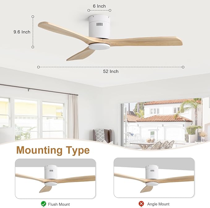 Sofucor 52 Inch Ceiling Fan No Light, Solid Wood Ceiling Fans Without Lights Remote Control, Reversible DC Motor, 6-Speed, Flush Mount Indoor/Outdoor Ceiling Fans for Patios, Bedroom and Farmhouse
