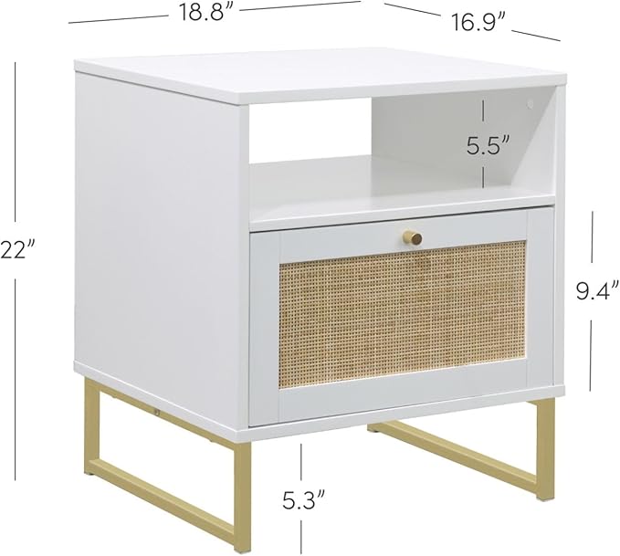 Nathan James Mina Side, End or Accent Table in a Matte White Finish & Brass Gold Legs with Natural Rattan Storage Door for Living Room or Nightstand for Bedroom, White/Gold, Set of 2