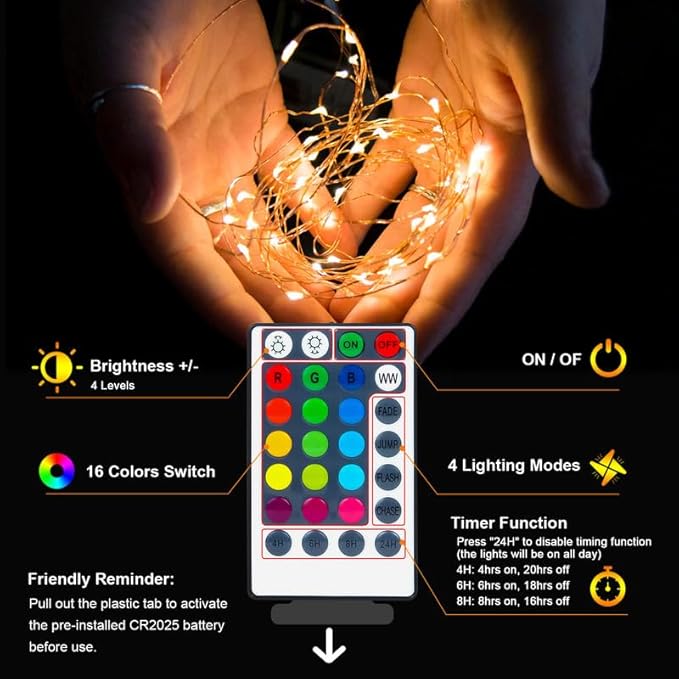 USB and Battery Operated Fairy Lights, 39Ft 120 LED Color Changing Fairy Lights with Remote and Timer, Battery Powered Twinkle String Lights for Bedroom, Party, Indoor Christmas Party Halloween Decor
