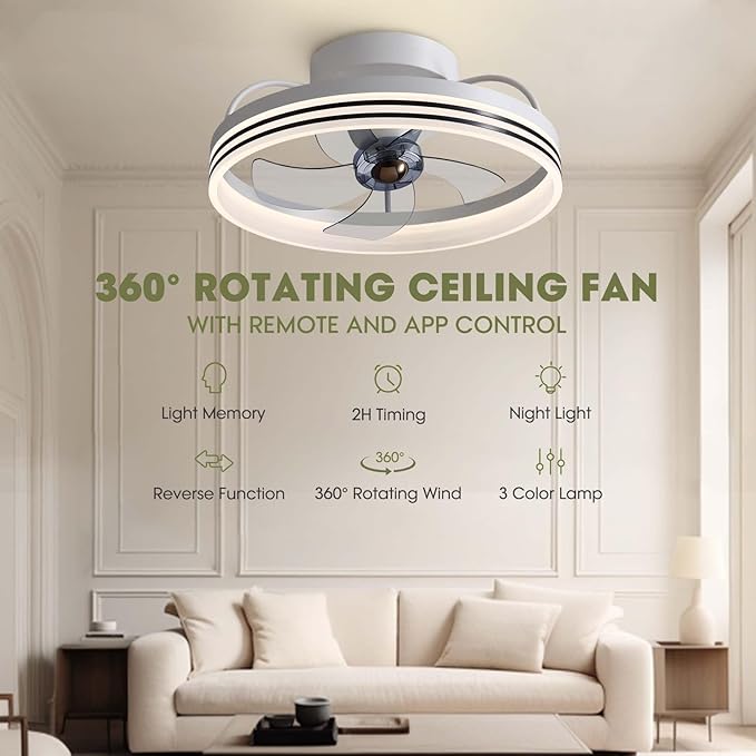 Ceiling Fans with Lights, 360° Rotating Ceiling Fan with Lights and Remote, 6 Wind Speeds Smart Flush Mount Ceiling Fan for Bedroom, Dining Room and Kitchen 20"