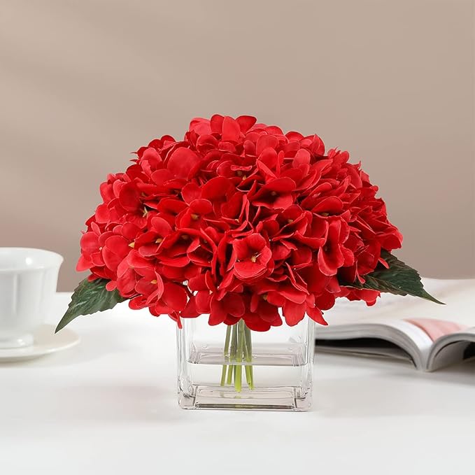 Silk Red Hydrangea Artificial Flowers in Vase with Faux Water, Faux Floral Arrangements in Vase for Home Decor, Wedding Table (Red)