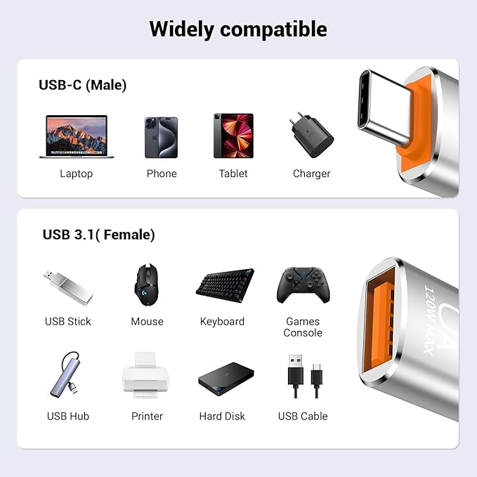 Pastall 10 Pack 10Gbps/120W USB C to USB3.1 Adapter, Silver Type C Male to USB Female Adapter for Smartphone, PC, Laptop, Tablet, Keyboard etc.