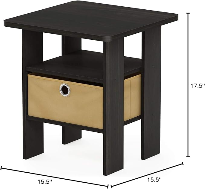 Furinno ANDREY Side Table, End Table, Night Stand with Open Shelves and Storage Bin, Bedside Table, for Living Room, Bedroom, Dark Espresso