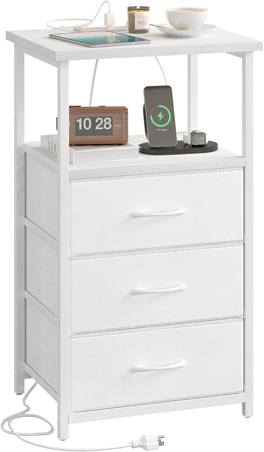 Fixwal White Night Stand, Nightstand with Charging Station, End Table, Bedside Table with Fabric Drawers for Bedroom