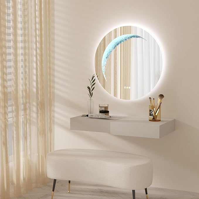 28'' Round Bathroom Mirror with Light, Frameless Circle Mirror with Backlit & Half Moonlight, Anti-Fog, Tempered Glass, Dimming LED Vanity Mirrors for Oversink, Bedroom, Wall Decor, Entryway