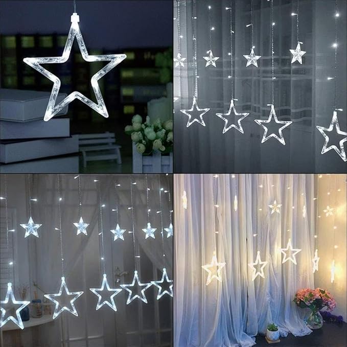 Star Curtain Lights for Bedroom - Plug-in 9ft 138 LED Fairy Twinkle Lights with 12 Star Drops, Connectable Window Lights with Remote 8 Lighting Modes for Indoor Xmas Ramadan Decoration, White