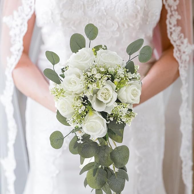 Wedding Rose Bouquet Bridesmaid Flower Bouquets, Artificial Rose White Wedding Bouquets for Bride Bridesmaid Bouquet Faux Bouquet Bride Bridesmaid Holding Flower for Wedding Decor