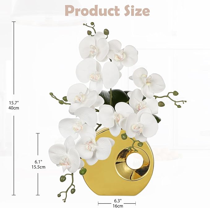 Briful Artificial Orchid Flowers in Gold Pot 15.7" Tall White Faux Orchid Arrangement Silk Orchid Flower Fake Orchids Centerpiece for Home Office Room Wedding Table Décor