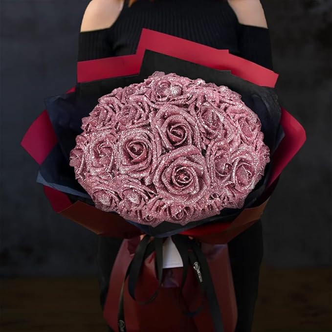 MACTING 30PCS Mothers Day Pink Artificial Flowers Glitter Fake Flowers with Stem Real Touch Foam Roses for DIY Wedding Bouquet Table Centerpieces Party Wreath Home Spring Decorations