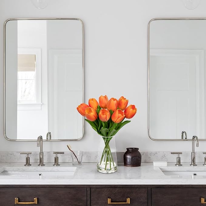 Fake Tulips Artificial Tulip Flowers in Glass Vase with Faux Water, 14.2" Real Touch Orange Tulip Flowers Décor for Table Centerpiece Home Farmhouse Resto Wedding Decoration