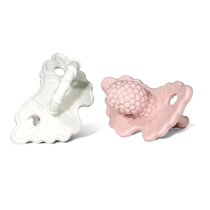 RaZbaby RaZberry Silicone Teether Pacifier – Teething Relief for Infants, Food-Grade, BPA-Free, Hands-Free, Natural Berrybumps Fruit Texture for Sensory Development, Freezable, 2-Pack - Pink & White