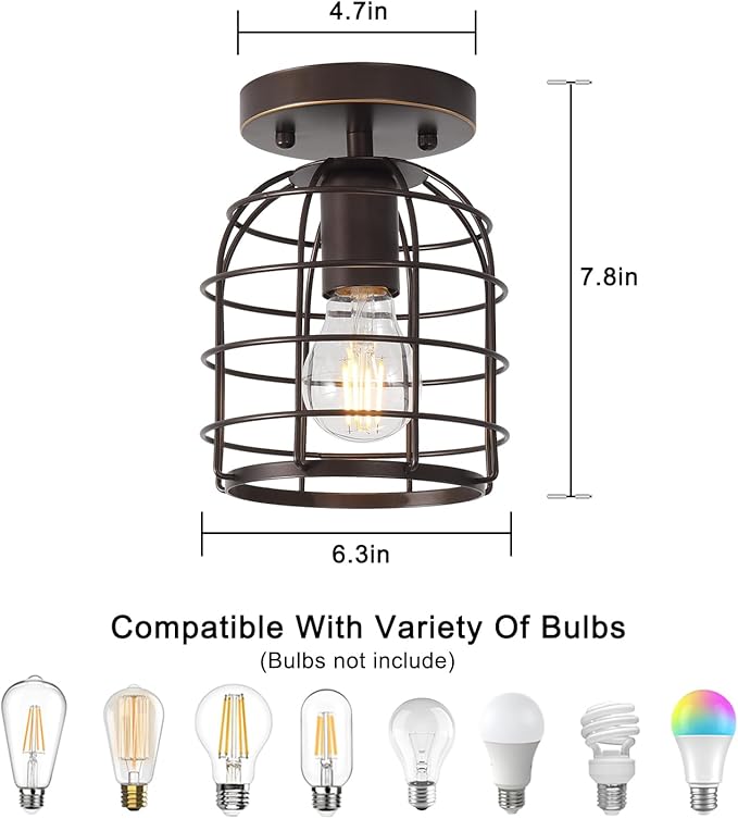 Create For Life® Industrial Vintage Flush Mount Ceiling Light,Oil Rubbed Bronze Semi Flush Mount Ceiling Lamp Fixture for Hallway Stairway Kitchen Garage, E26,1 Pack