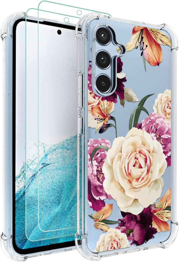 Osophter Flower Floral Phone Cover for Samsung Galaxy A54 5G, with Screen Protector and Shock-Absorption Flexible TPU