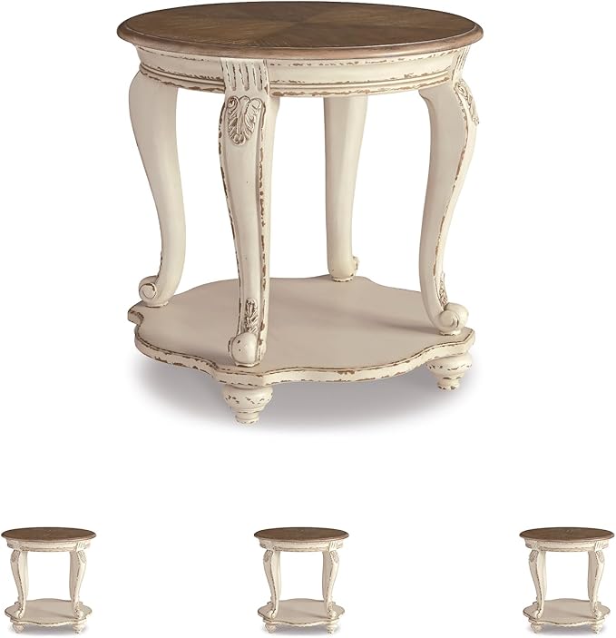 Signature Design by Ashley Realyn French Country Round End Table Two-Tone Accent Table – Chipped White