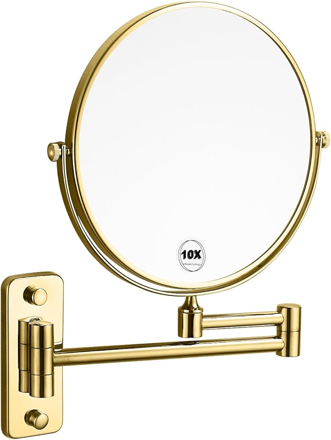 Gold 1x10x Double Sided Magnifying Bathroom Makeup Mirror 360 Degree Swivel Mirror Adjustable Telescopic Arm Wall Mount 8 Inch Non-Illuminated Beauty Mirror Shaving Mirror（Square Base）