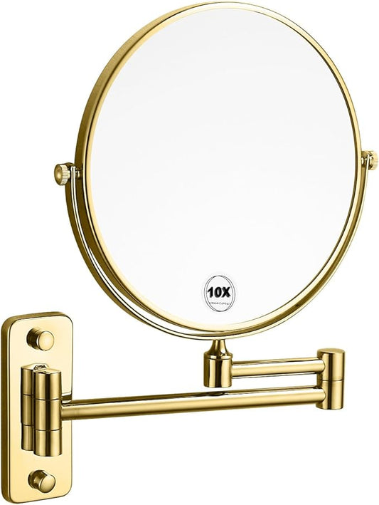 Gold 1x10x Double Sided Magnifying Bathroom Makeup Mirror 360 Degree Swivel Mirror Adjustable Telescopic Arm Wall Mount 8 Inch Non-Illuminated Beauty Mirror Shaving Mirror（Square Base）