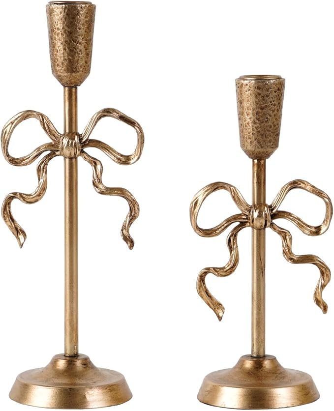 NIKKY HOME Gold Bow Iron Taper Candle Holders Set of 2, Vintage Decorative Tall Candlesticks Centerpieces Decor for Dining Room Table Wedding Party Mantle Fireplace Housewarming Gift