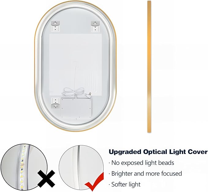 Niccy Oval LED Mirror for Bathroom, 48x30 Front Lit + Backlit Vanity Mirrors with Light Anti-Fog, Shatter-Proof, 3 Colors, Makeup Mirror with Gold Frame (Horizontal/Vertical)