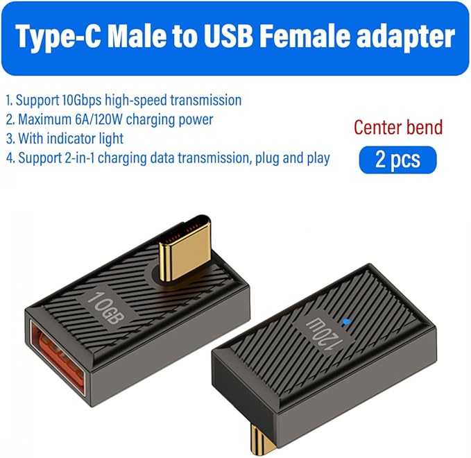 5 Pack USB-C to USB-A Adapter, 10Gbps 120W with LED, Compatible with Laptop, Tablet,Smartphone (Straight+U Type+Positive Bend+90 Degree Angle+Side Bend USB-C to USB-A with LED Indicator)
