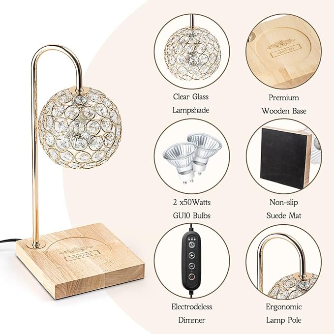 Marycele Candle Warmer Lamp with Timer, Round Diamond Home Decor Gifts for Mom Women, Gold Diamond Lamp, Western Bedroom Accessories, Birthday Gifts for Women, Wax Warmer for Jar Candles