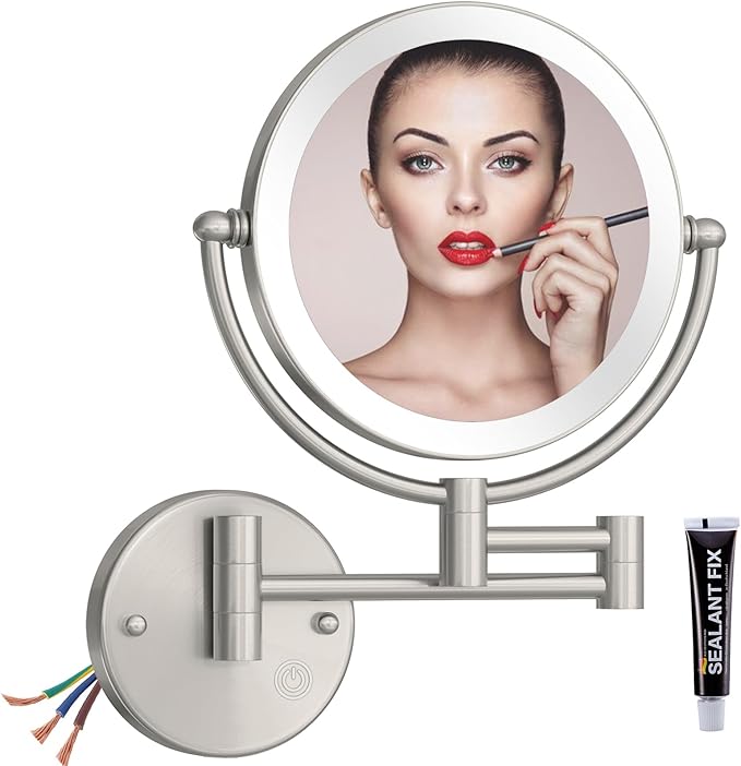 Premium 8" Brass Lighted Wall Mount Makeup Mirror with Magnification, 1X/5X Double-Sided Adjustable Bathroom Wall-Mounted Mirrors Swing Arm, Touch Dimming, Brushed Nickel Finish, Hard Wired