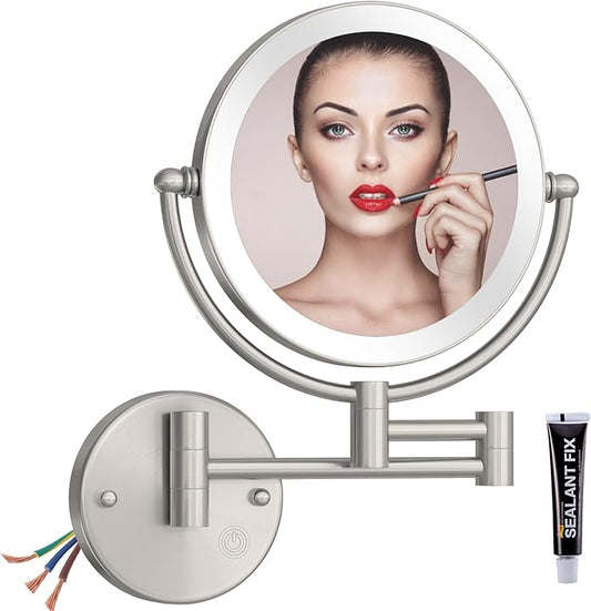 Premium 8" Brass Lighted Wall Mount Makeup Mirror with Magnification, 1X/5X Double-Sided Adjustable Bathroom Wall-Mounted Mirrors Swing Arm, Touch Dimming, Brushed Nickel Finish, Hard Wired