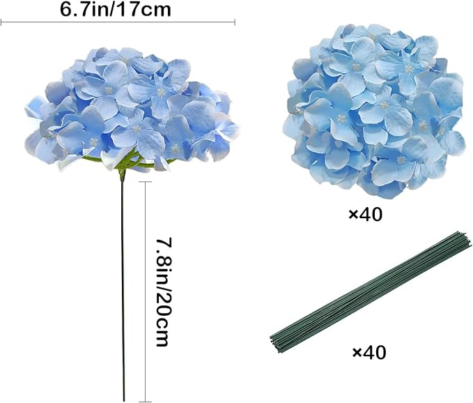 Blue Hydrangea Artificial Flowers Bulk, 40 Pcs Faux Hydrangea Flowers Heads, Artificial Fake Silk Hydrangea Flowers with Stems, Blue Flowers Artificial for Decoration Wedding Décor