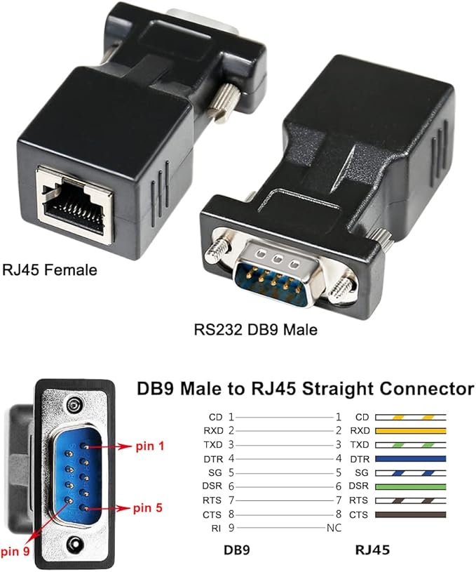 DTECH DB9 to RJ45 Serial Adapter RS232 Male to RJ-45 Female Ethernet Converter Compatible with Standard 9 Pin RS-232 Devices