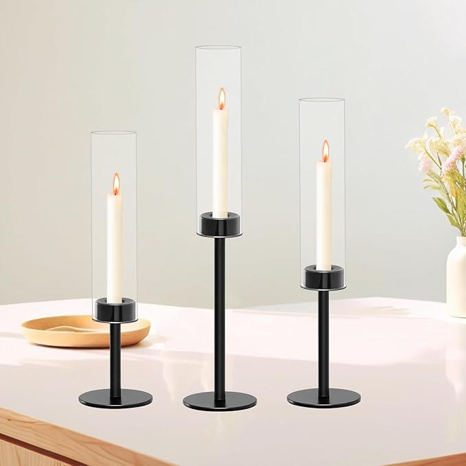 Taper Candle Holder Set, Black with Glass Hurricane – Modern Candlestick Holders for Dining Room Decor, Wedding Decor, Fall Centerpieces for Tables, Warmly Gift for Halloween and Christmas Season.