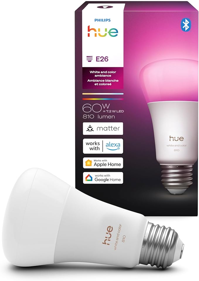 Philips Hue Smart LED A19 Bulb, White & Color Ambiance, E26 Base, 7.2W, Full Spectrum Light 1000K-20000K, 810 Lumens, Dimmable, Works with Alexa, Google, & Apple Home,1pk
