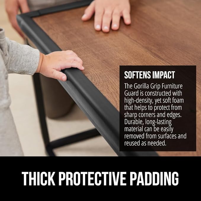 GORILLA GRIP Baby Proof Corners and Edges for Furniture, Kid Proofing Adhesive Table Corner Protectors, Heavy Duty Soft Rubber Foam Protection, Includes 8 Protective Safety Guards, 15 Feet, Black
