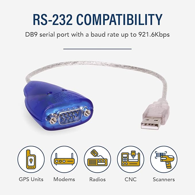 USBGear 12 inch USB to Serial RS-232 DB-9 Pin Adapter with FTDI Chipset for Windows 11, 10, 8, 7 and Mac Systems - Use for Laptop Serial Port, PDA, GPS, Modems, Routers and More