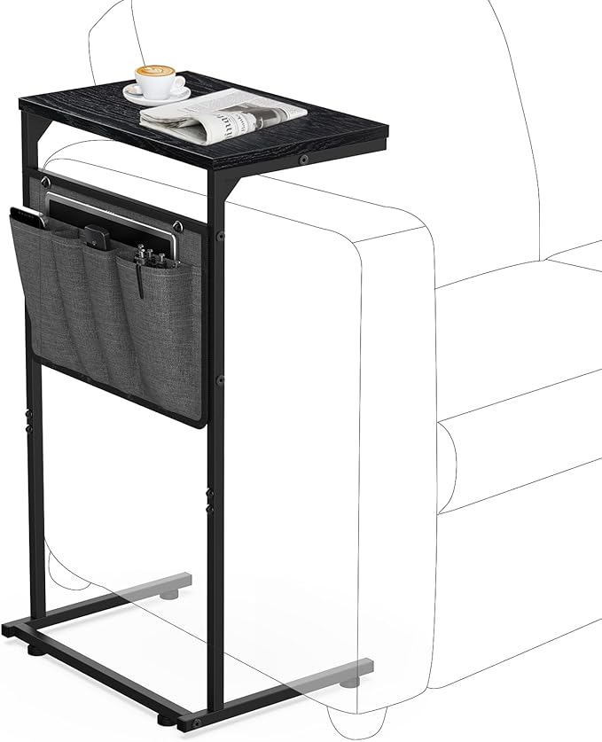 Vantic C Shaped End Table, Small Side Table for Couch and Recliner, Slide Under Sofa Tray Desk with Storage Bag for Living Room and Bedroom, Ebonized Oak