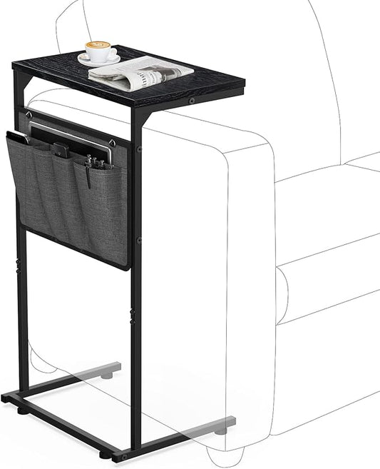 Vantic C Shaped End Table, Small Side Table for Couch and Recliner, Slide Under Sofa Tray Desk with Storage Bag for Living Room and Bedroom, Ebonized Oak