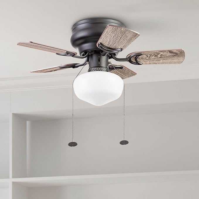 Prominence Home Hero, 28 Inch Traditional Flush Mount Indoor LED Ceiling Fan with Light, Pull Chain, Dual Finish Blades, Reversible Motor - 51655-01 (Bronze)