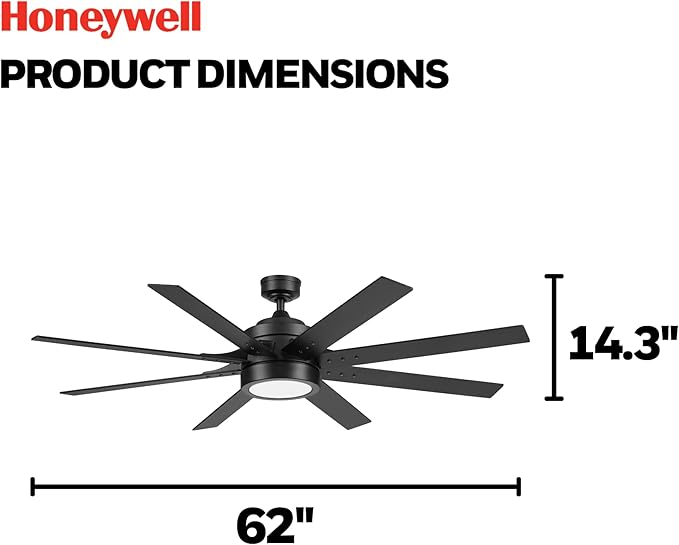 Honeywell Ceiling Fans Xerxes, 62 Inch Modern Indoor Ceiling Fan with Lights and Remote Control, Color Changing LED, 8 Dual Finish Blades, Reversible Motor - 51904-01 (Black)