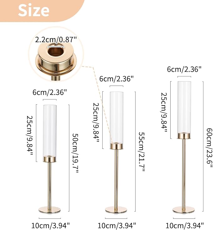 NUPTIO Candle Holders for Table Centerpiece: 18 Pcs 23.6 & 21.7 & 19.7 in Tall Gold Hurricane Candlesticks Holder with Glass Cylinder Cover Bulk Taper Candles Sticks Stand for Thanksgiving Party Decor