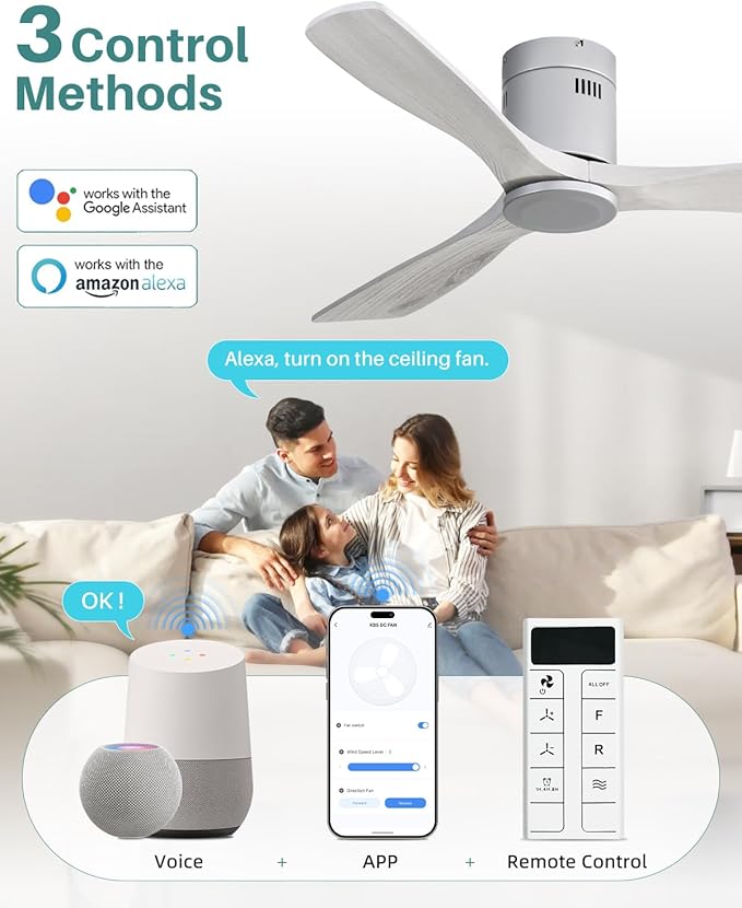 Sofucor 52 Inch Smart Ceiling Fan Without Lights Flush Mount Solid Wood Ceiling Fan with Alexa/Google Assistant/APP/Remote Control-Modern Outdoor Ceiling Fans No Light for Bedroom/Patio, Silver Grey