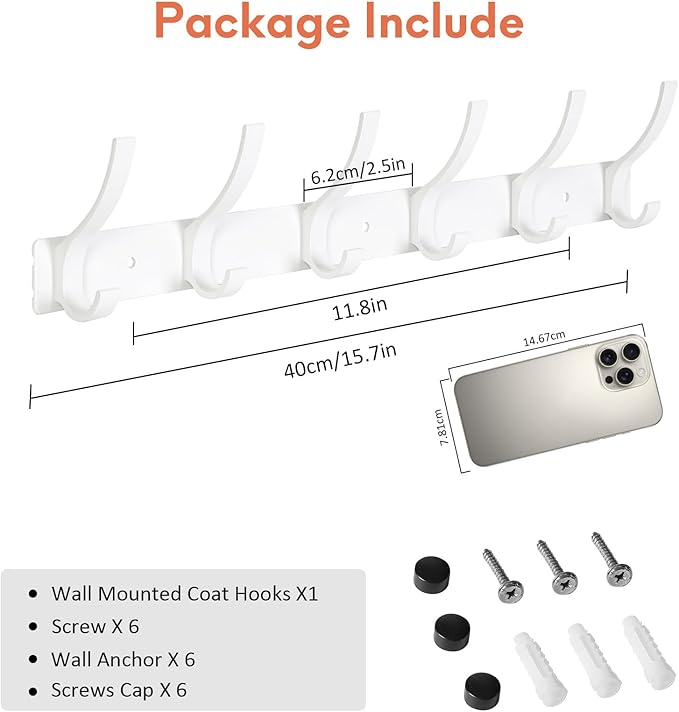 Coat Rack Wall Mount, Coat Hook Wall Mount, Wall Hooks for Hanging, Hat Rack for Walls, Coats Hanger with 12 Hook, Towel Hooks for Bathrooms (1 Pack, White)