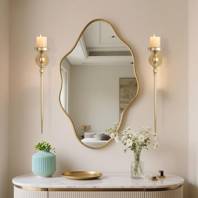 Candle Sconces Gold Wall Decor: Vintage Metal Art Decoration Wall Candle Holder for Pillar Candles - 24.4 Inch Long Candle Sconces Set of 2 for Fireplace Hallway Beside TV